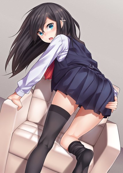 Anime picture 714x1000 with original ray-akila single long hair tall image looking at viewer blush open mouth blue eyes black hair no shoes bent over girl thighhighs skirt hair ornament black thighhighs miniskirt shirt vest