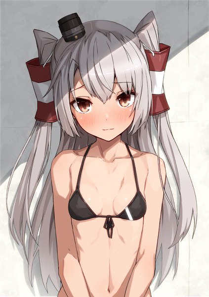 Anime picture 846x1200 with kantai collection amatsukaze destroyer takanashi kei (hitsujikan) single long hair tall image looking at viewer blush fringe breasts light erotic simple background hair between eyes standing white background bare shoulders brown eyes payot silver hair upper body