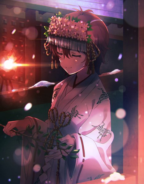 Anime picture 2207x2827 with idolmaster idolmaster million live! julia (idolmaster) red10 tall image fringe highres short hair smile standing holding pink hair long sleeves traditional clothes japanese clothes wide sleeves snowing snow animal print girl