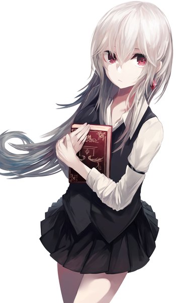Anime picture 2010x3438 with original roa (ogami ren) ogami ren single long hair tall image looking at viewer fringe highres simple background hair between eyes red eyes white background pleated skirt from above grey hair girl skirt earrings book (books)
