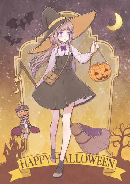 Anime picture 848x1200 with original aoyagi neko single long hair tall image blonde hair smile purple eyes twintails looking away full body low twintails halloween crescent happy halloween girl hat animal star (symbol) moon