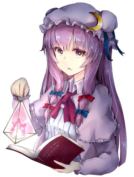 Anime picture 1000x1326 with touhou patchouli knowledge monobe tsukuri single long hair tall image looking at viewer fringe open mouth simple background white background purple eyes purple hair girl dress bow hair bow book (books) bonnet flame
