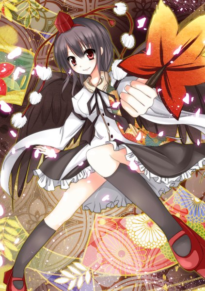 Anime picture 1748x2480 with touhou shameimaru aya single tall image highres short hair black hair smile red eyes girl skirt hat miniskirt wings socks leaf (leaves) black socks fan hauchiwa sasa-megumi-nation