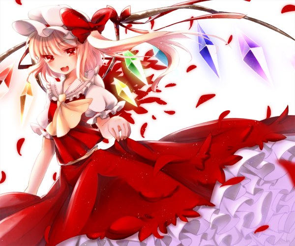 Anime picture 1440x1200 with touhou flandre scarlet akeyo26 single blush short hair open mouth blonde hair red eyes girl dress skirt bow petals wings frills bonnet skirt set crystal ascot
