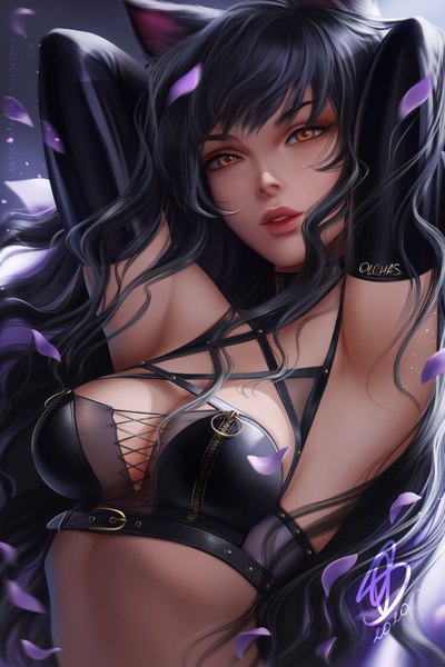Anime picture 2667x4000 with rwby rooster teeth blake belladonna olchas single long hair tall image looking at viewer fringe highres breasts light erotic black hair large breasts signed animal ears upper body parted lips wind lips