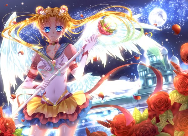 Anime picture 3541x2580 with bishoujo senshi sailor moon toei animation tsukino usagi sailor moon eternal sailor moon touki matsuri single long hair blush highres blue eyes blonde hair smile twintails absurdres girl dress skirt gloves hair ornament