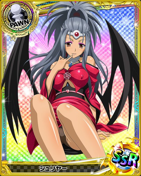 Anime picture 640x800 with highschool dxd single long hair tall image looking at viewer light erotic red eyes traditional clothes japanese clothes grey hair card (medium) girl hair ornament underwear panties wings kimono