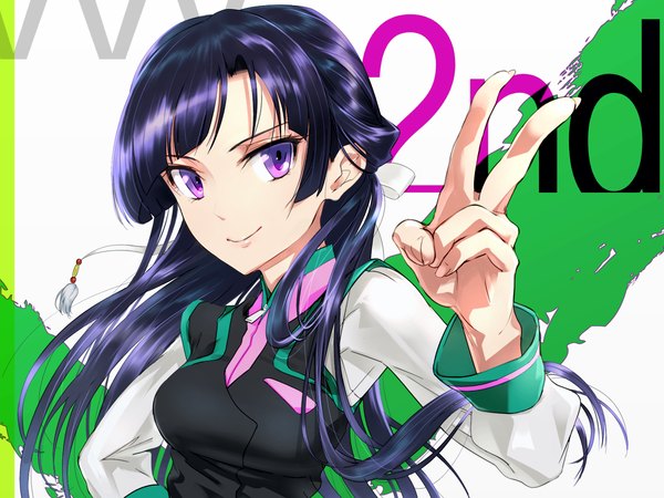 Anime picture 1600x1200 with kakumeiki valvrave sunrise (studio) rukino saki dokiyuri single long hair looking at viewer smile purple eyes purple hair victory girl