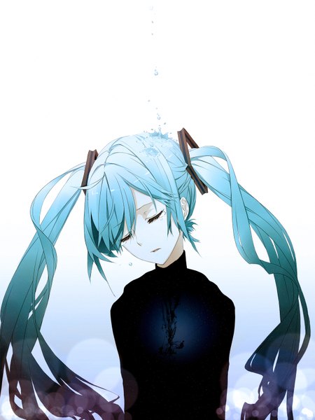 Anime picture 1200x1600 with vocaloid hatsune miku irena (artist) single long hair tall image twintails blue hair eyes closed multicolored hair tears girl water water drop teardrop