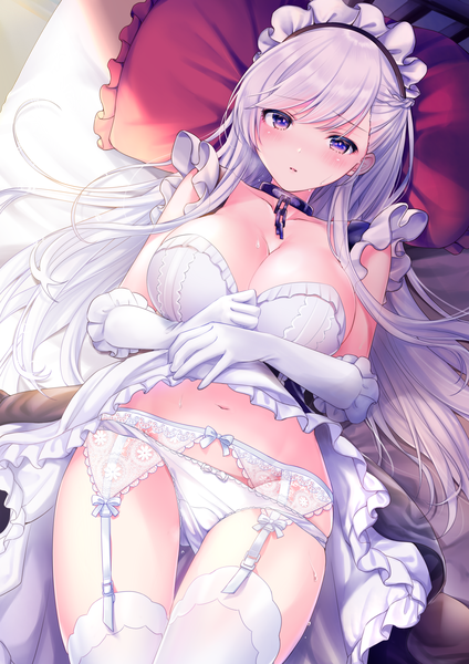 Anime picture 2893x4092 with azur lane belfast (azur lane) pontaro18 single long hair tall image looking at viewer blush fringe highres breasts light erotic large breasts purple eyes payot cleavage silver hair lying braid (braids) maid