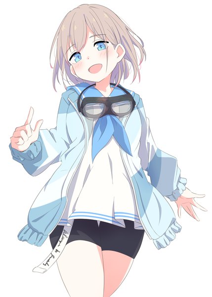 Anime picture 1066x1491 with idolmaster idolmaster shiny colors serizawa asahi eito12 single tall image looking at viewer blush fringe short hair open mouth blue eyes simple background blonde hair hair between eyes white background :d open jacket goggles around neck girl