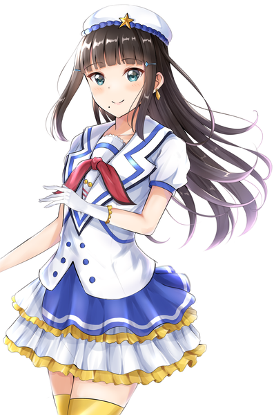 Anime picture 2250x3400 with love live! sunshine!! sunrise (studio) love live! kurosawa dia sin (sin52y) single long hair tall image looking at viewer blush fringe highres black hair simple background smile standing white background payot blunt bangs aqua eyes