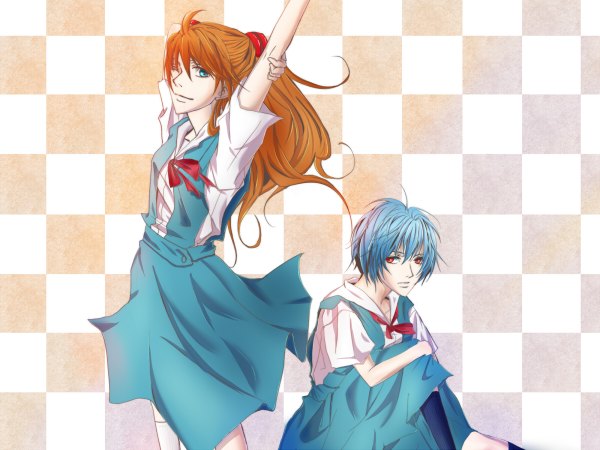 Anime picture 1200x900 with neon genesis evangelion gainax soryu asuka langley ayanami rei long hair looking at viewer short hair blue eyes red eyes sitting multiple girls blue hair one eye closed wink orange hair arms behind head checkered background girl uniform 2 girls