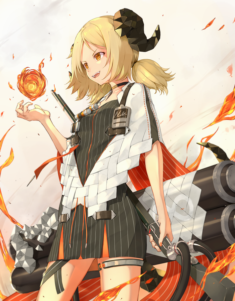 Anime picture 1771x2268 with arknights ifrit (arknights) piisu single tall image highres short hair open mouth blonde hair standing twintails holding yellow eyes looking away :d horn (horns) low twintails short twintails girl flame