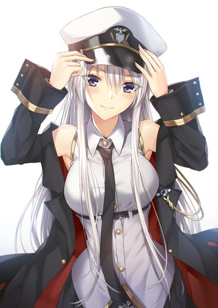 Anime picture 700x990 with azur lane enterprise (azur lane) luzi (coffee-straw-luzi) single long hair tall image looking at viewer blush fringe breasts simple background smile hair between eyes standing white background purple eyes bare shoulders payot silver hair long sleeves