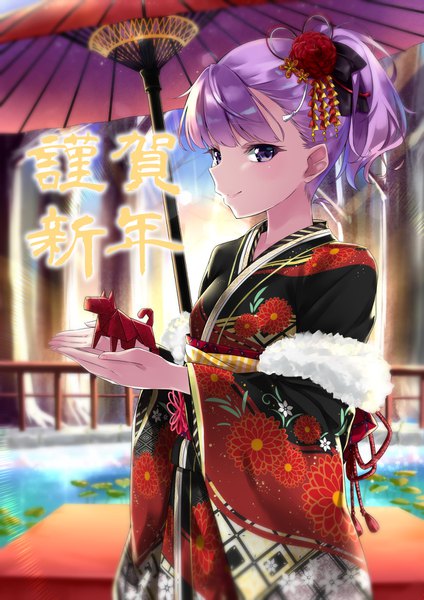 Anime picture 1260x1782 with fate (series) fate/grand order helena blavatsky (fate) nishimi shin single tall image looking at viewer blush fringe short hair smile purple eyes holding purple hair ponytail traditional clothes japanese clothes profile blurry depth of field