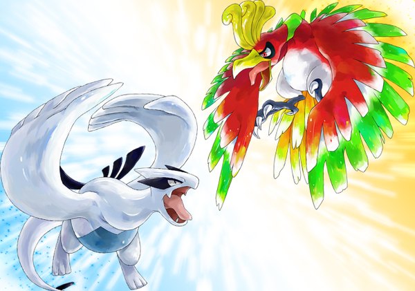 Аниме картинка 1280x900 с покемон nintendo lugia ho-oh mami (pixiv id43383) открытый рот полёт без людей битва gen 2 pokemon животное птица (птицы) покемон (существо)