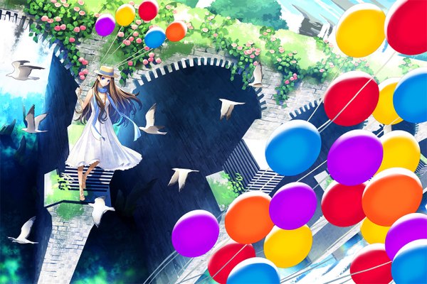 Anime picture 1308x872 with original toti (pixiv) single long hair blue eyes brown hair standing ponytail river waterfall girl flower (flowers) ribbon (ribbons) plant (plants) hat animal water scarf bird (birds) sundress