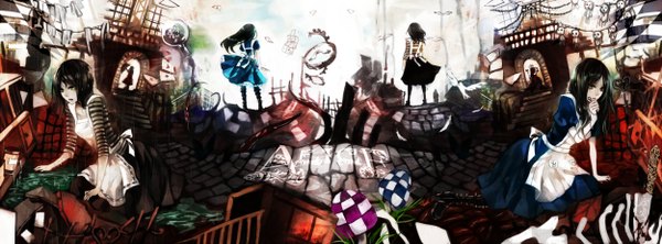 Anime picture 2500x928 with alice in wonderland american mcgee's alice (game) alice: madness returns alice (wonderland) ut (apt) long hair highres black hair wide image green eyes rain multiple persona girl dress bow animal water bird (birds) apron feather (feathers)