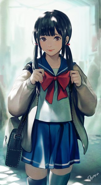 Anime picture 700x1278 with original ddongu single long hair tall image blush black hair smile standing twintails brown eyes signed pleated skirt sunlight open clothes open jacket girl thighhighs skirt uniform