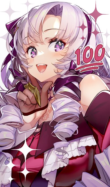 Anime picture 648x1100 with virtual youtuber nijisanji hyakumantenbara salome hyakumantenbara salome (1st costume) hong (white spider) single long hair tall image open mouth purple eyes looking away purple hair upper body :d drill hair girl gloves