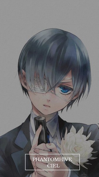 Anime picture 540x960 with kuroshitsuji a-1 pictures ciel phantomhive toboso yana single tall image blue eyes parted lips head tilt grey hair scan grey background character names expressionless boy flower (flowers) weapon shirt necktie gun