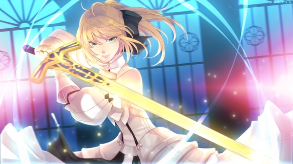 Anime picture 1900x1068 with fate (series) fate/unlimited codes type-moon artoria pendragon (all) saber lily sheryu single long hair fringe highres blonde hair wide image holding green eyes ponytail glowing glow glowing weapon girl dress
