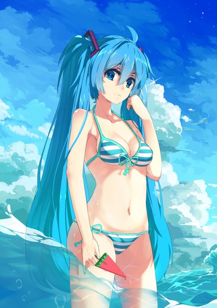 Anime picture 1240x1753 with vocaloid hatsune miku baisi shaonian single tall image looking at viewer breasts light erotic twintails sky cloud (clouds) very long hair aqua eyes aqua hair girl navel swimsuit bikini food sweets