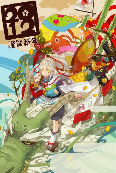 Anime picture 753x1121 with original anzu (astro75) single long hair tall image looking at viewer yellow eyes silver hair ponytail nail polish traditional clothes horn (horns) new year fantasy 2012 girl plant (plants) food fan dragon