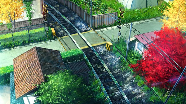 イラスト 1280x719 と オリジナル 二個 wide image outdoors sunlight 影 no people autumn 植物 木 建物 草 塀 家 roof railroad tracks