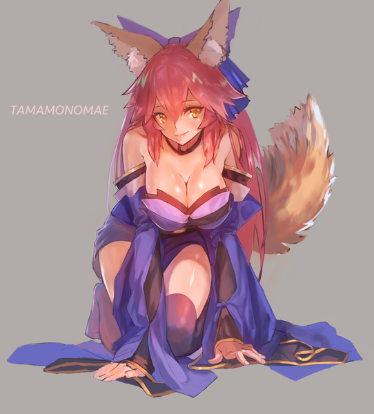 Anime picture 827x914 with fate (series) fate/extra fate/extra ccc tamamo (fate) (all) tamamo no mae (fate) ha2ru single long hair tall image fringe breasts light erotic simple background smile hair between eyes large breasts animal ears yellow eyes looking away pink hair