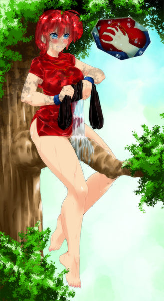 Anime picture 2234x4096 with ranma 1/2 saotome ranma saotome ranma (girl) omiiverse single long hair tall image blush fringe highres breasts blue eyes light erotic hair between eyes sitting looking away full body ahoge red hair traditional clothes