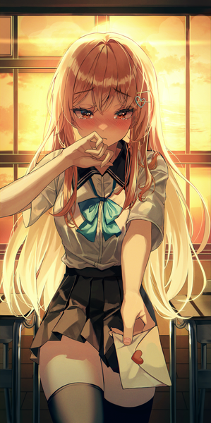 Anime picture 2648x5308 with original jjuha6 single long hair tall image looking at viewer blush fringe highres blonde hair standing holding yellow eyes sky indoors pleated skirt arm up sunlight short sleeves embarrassed