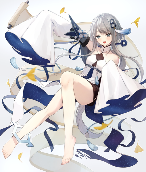Anime picture 1965x2323 with genshin impact guizhong (genshin impact) honotai single tall image highres short hair open mouth full body :d barefoot grey hair bare legs grey eyes girl detached sleeves leaf (leaves) tassel autumn leaves anklet