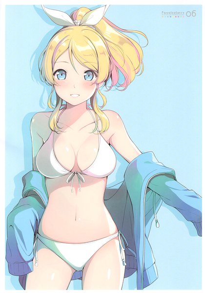 Anime picture 2389x3416 with love live! school idol project sunrise (studio) love live! ayase eli 6u (eternal land) single tall image looking at viewer blush highres short hair breasts blue eyes light erotic simple background blonde hair ponytail parted lips off shoulder border