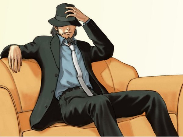 Anime picture 1024x768 with lupin iii jigen daisuke reclining hat over eyes boy hat necktie cigarette beard