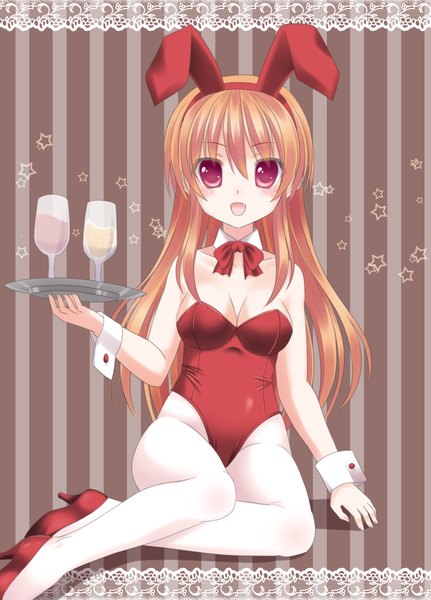 Anime picture 2645x3679 with original ikeda yuuki (artist) single long hair tall image looking at viewer blush highres open mouth light erotic simple background red eyes orange hair striped background girl star (symbol) bunnysuit lace tray wine glass