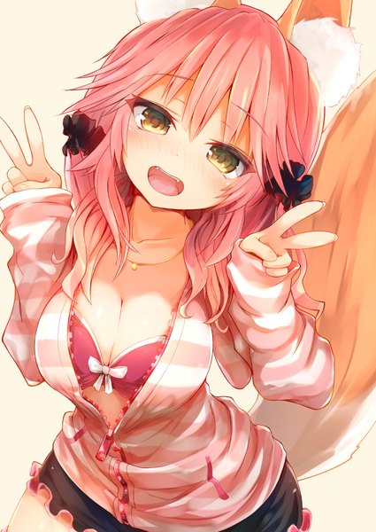 Anime picture 708x1000 with fate (series) fate/extra tamamo (fate) (all) tamamo no mae (fate) sune (mugendai) single long hair tall image looking at viewer blush fringe open mouth light erotic simple background smile hair between eyes twintails animal ears yellow eyes cleavage