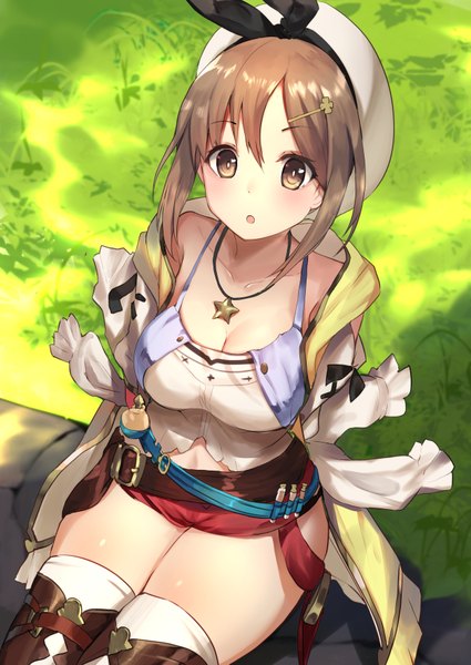 Anime picture 1254x1771 with atelier (series) atelier ryza gust (company) reisalin stout haik single tall image looking at viewer blush fringe short hair breasts open mouth light erotic hair between eyes brown hair large breasts sitting brown eyes payot