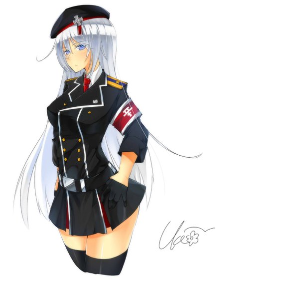 Anime picture 1400x1323 with original uke (artist) single long hair looking at viewer blush fringe blue eyes simple background standing white background signed white hair girl thighhighs uniform black thighhighs headdress military uniform