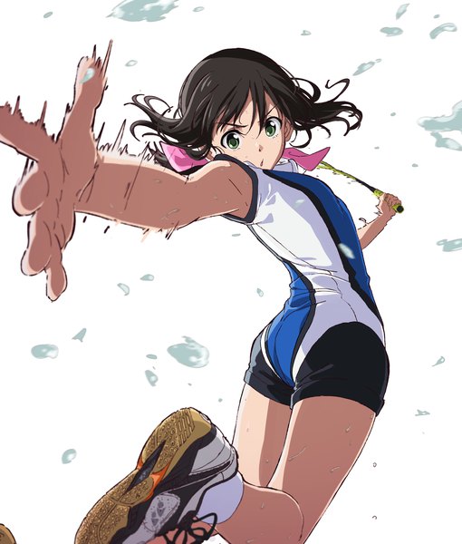 Anime picture 2157x2536 with hanebado! hanesaki ayano tomato (lsj44867) single long hair tall image looking at viewer highres simple background brown hair white background green eyes :o sweat outstretched hand jumping playing sports girl uniform ribbon (ribbons)