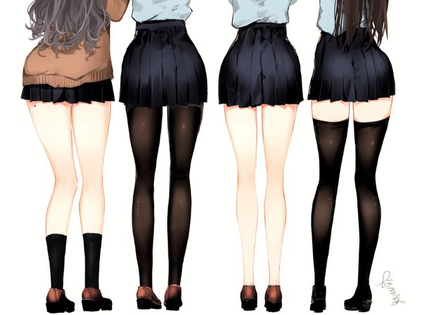 Anime picture 1604x1202 with original narue long hair light erotic black hair simple background brown hair standing white background multiple girls signed ass pleated skirt from behind mole bare legs zettai ryouiki legs head out of frame girl