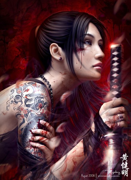 Anime picture 1170x1602 with original mario wibisono (raynkazuya) single long hair tall image black hair ponytail profile lips realistic grey eyes tattoo girl weapon earrings petals sword katana blood ring