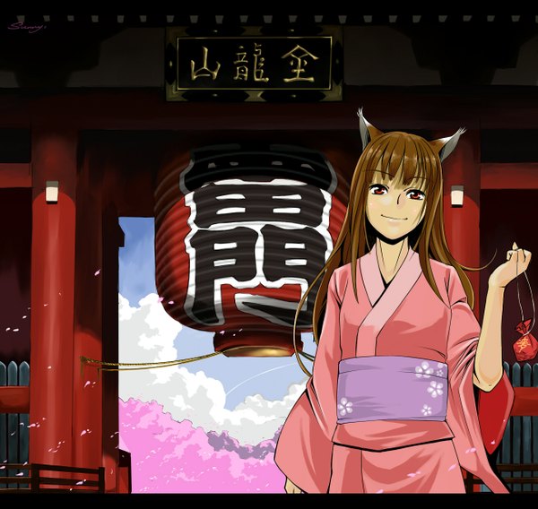 Anime picture 1308x1240 with spice and wolf horo sunway single long hair smile red eyes animal ears traditional clothes japanese clothes cherry blossoms wolf ears wolf girl real world location tokyo girl torii shrine