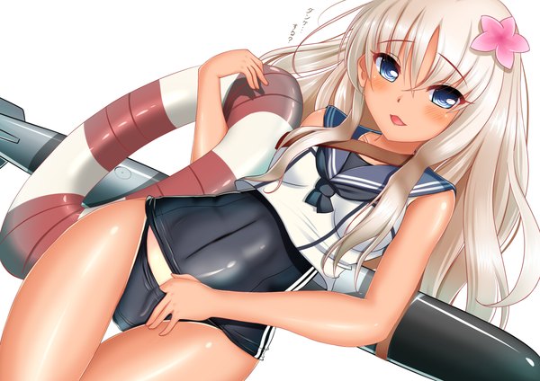 Anime picture 1228x868 with kantai collection ro-500 submarine sazamiso rx single long hair blush open mouth blue eyes light erotic white hair hair flower girl hair ornament flower (flowers) swimsuit sailor suit lifebuoy