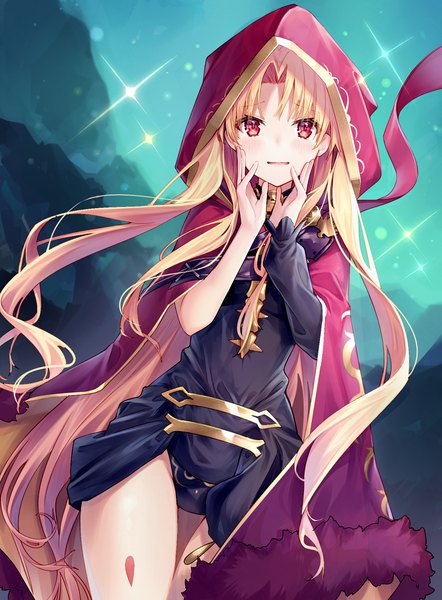 Anime-Bild 1400x1900 mit fate (series) fate/grand order ereshkigal (fate) yuya (night lily) single tall image looking at viewer blush fringe open mouth light erotic blonde hair red eyes standing very long hair sparkle dutch angle thigh gap hands on face asymmetrical clothes