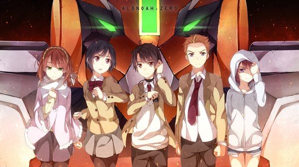 Anime picture 1920x1076 with aldnoah.zero a-1 pictures asseylum vers allusia kaizuka inaho rayet areash amifumi inko calm craftman yuuri nayuta looking at viewer highres short hair blue eyes black hair red eyes brown hair wide image purple eyes multiple girls green eyes inscription