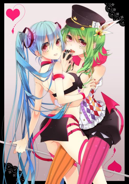 Anime picture 1017x1454 with vocaloid hatsune miku gumi naoto (tulip) long hair tall image open mouth light erotic twintails multiple girls blue hair very long hair nail polish pink eyes looking back green hair lips hug framed girl