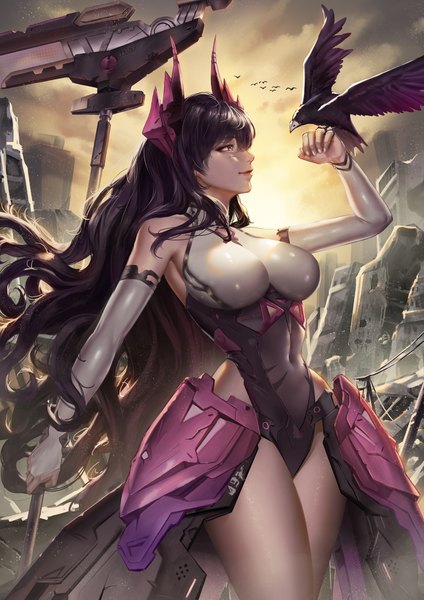 Anime picture 2480x3508 with goddess of victory: nikke harran (nikke) benghuai (yhae7454) single long hair tall image fringe highres breasts light erotic black hair smile hair between eyes large breasts standing holding looking away outdoors profile arm up
