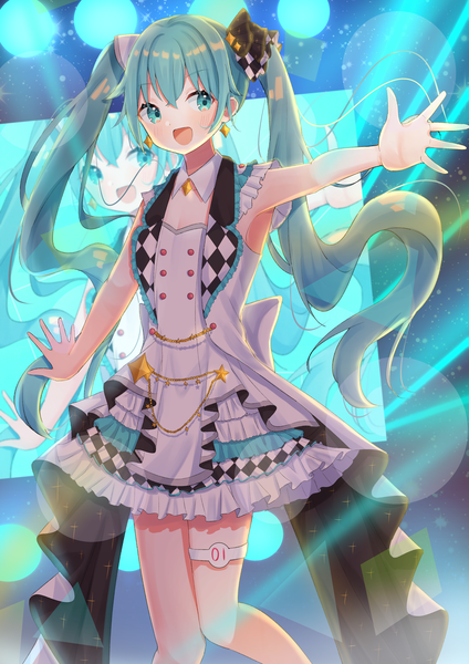 Anime picture 2894x4093 with project sekai vocaloid hatsune miku yuuna (vhux2273) single long hair tall image blush fringe highres open mouth hair between eyes twintails looking away :d aqua eyes aqua hair spread arms zoom layer more more jump! (project sekai)